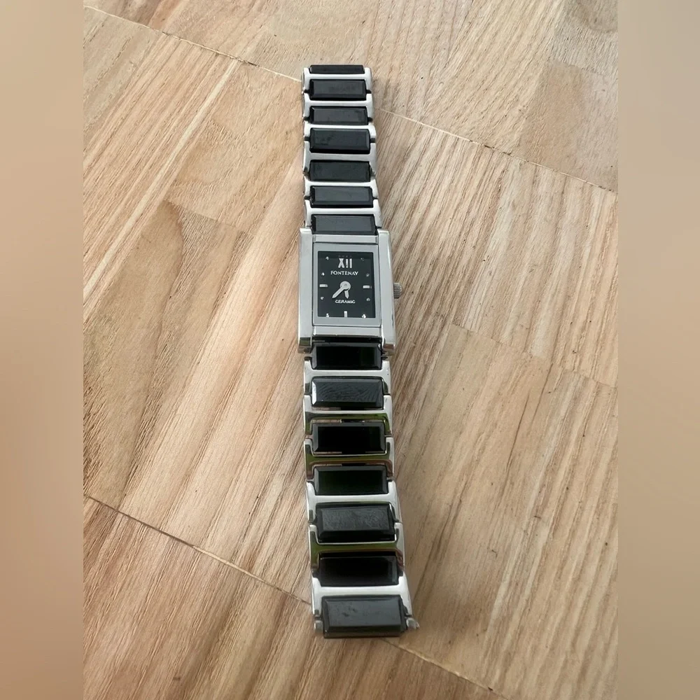 Fontenay Paris ladies rectangular silver tone black ceramic watch NEW BATTERY